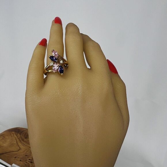 Vintage Ring Sz 9 Beautiful Pink Purple Clear Crystal Floral Gold Plate 4167 - Picture 6 of 12
